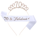 Rose gold 70th birthday set with crystal crown and 70 & Fabulous white satin sash - One Size / 70th (Satin) / Rose Gold