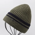 Detail of olive green ribbed knit hat with blue stripes and silver Sport metal badge - Army Green