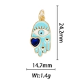 Detail of Hamsa Hand pendant with blue enamel and crystal showing size 24.2mm x 14.7mm - Hamsa Hand