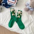 Bright green crew socks with cute 3D plush bear mascot for a playful Korean style look - One Size / Green
