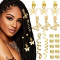 Set d'accessoires dorés pour dreadlocks avec pendentifs papillons et spirales à cheveux - Papillon Or Ensemble 18 Pièces