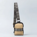 Straw crossbody phone bag with black leather trim and zigzag woven strap - Black