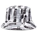 Detail of black and white bucket hat featuring repeated football lettering and motifs - B&W Grey Football Print (8)