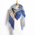 Plaid tassel scarf in blue, orange and green color block knit for women and girls - Ocean Blue Plaid