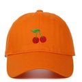 Detail of red cherry embroidery on orange cotton baseball cap with curved brim - Adjustable / Orange