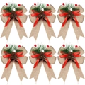 Set de 6 lazos navideños de arpillera con agujas de pino, bayas rojas y piñas naturales - Juego de 4 / Arpillera Sintética