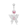 Piercing ombelico a farfalla in acciaio argento con gemme rosa su sfondo bianco - Stile Farfalla Strass Rosa Argentata (BR24091001-4)