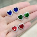 S925 silver heart halo stud earrings in royal blue, emerald green and ruby red stones - Blue Diamond Heart Earrings Tz-26