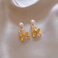 Golden bow knot pearl earrings with graduated white pearls on soft silk background - 34# Silver Earring Post - Gold (Bowknot Pearl)