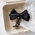 Elegant black satin bow hair tie with metallic silver beads and spiral elastic band - Dark Spiral Cord/Metal Color Beads / Dark Beaded Bowknot (Black Satin)