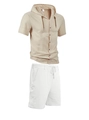 Men's summer linen set with beige hooded short sleeve shirt and white drawstring shorts - Khaki + White