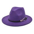 Detail of a purple wool fedora hat featuring a black faux leather band and gold buckle - M (56-58cm) / Purple