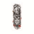 Waterproof full arm temporary tattoo featuring twin wolves, moon, and red rose design - WD-033/Wolf Moon Rose Arrow
