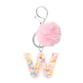 Resin letter W keychain with pink faux fur pompom and colorful heart sequins - Letter W