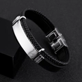 Mens vintage black braided leather bracelet with polished silver stainless steel metal bar - Silver
