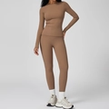 Ensemble de yoga 2 pièces avec haut à manches longues et leggings taille haute kaki - S / Top And Bottom (Manches Longues + Legging) / Brun Mocha