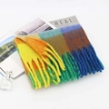 Regenbogen Karoschal aus Mohair mit bunten Fransen und weichem Finish für Damen - 003-Blau Grün Gelb Kariert