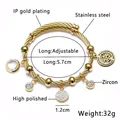Brazalete ajustable de acero inoxidable dorado con árbol de vida y dijes de cristal - Dorado