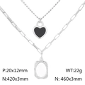 Double layer silver necklace featuring a black heart charm and oval frame pendant - Steel Color (KN230222-KFC)