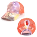 Tie-dye ponytail baseball cap with orange mesh and criss-cross back opening for high hair - Orange