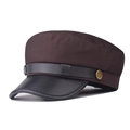 Vintage brown fabric and black leather baker boy cap with gold button detail - M (56-58cm) / Cotton Coffee