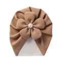 Close-up of khaki cashmere baby hat featuring soft knit flower with a central pearl button - Khaki