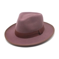 Vue de dessus d'un chapeau fedora en feutre violet foncé avec ruban café et bord large - M (56-58cm) / Violet foncé
