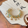 Brazalete dorado estilo neo-chino con cuentas azul-amarillo y colgantes gota - Dorado-Azul