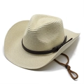 Wide brim straw cowboy hat with leather band and adjustable chin strap for sun protection - M(56-58cm) / Cream