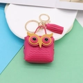 Rose red owl-shaped PU leather mini coin purse keychain with tassel and gold hardware - Rose Red