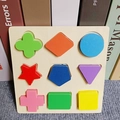 Macro detail of wooden Montessori puzzle with nine colorful geometric shape inserts - Whole Shape Puzzle
