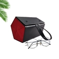 Foldable multi-slot sunglasses storage case in black lychee leather with red lining - Black & Red (5 Slots - Black Buckle)