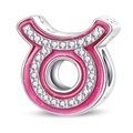 Macro view of silver-plated Taurus zodiac charm with pink enamel and white zircon stones - Pink Taurus Bead