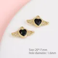 Detailed view of 20x11mm heart wing pendants with black stones for DIY jewelry making - Angel Wing Heart / Gold Black Zirconia