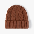 Thick jacquard knit warm beanie for women in dark brown caramel with cable pattern - Adjustable / Rust Red