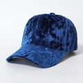 Detailed view of dark blue velvet baseball cap showing luxurious texture and 6-panel stitching - One Size / Blue