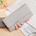 Elegant grey litchi texture long wallet with gold metal bar trim for women - Light Gray