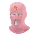 Pink 3-hole knitted balaclava ski mask with elegant gold floral embroidery on front - One Size / Gold Floral Embroidery / Pink