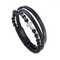 Men's multi-layer black leather bracelet with volcanic stone beads and silver cross charm - 19cm / Lava Stone