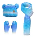 Conjunto de invierno de punto degradado azul y blanco con gorro de pompones, bufanda y guantes - Azul (Set de 3 piezas)