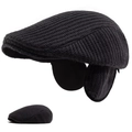 Men's winter knit ivy cap in black with fold-down ear flaps for cold weather - Adjustable / Gray