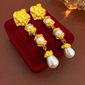 Golden drop earrings with irregular metal texture and pearls on red velvet box - 7# Silver Pin-Gold-Tassel