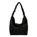 Black corduroy shoulder bag with strawberry print and ruched strap for women - Black