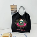 Black nylon shoulder tote bag with cute monster embroidery and checkered rope handle - Black Jelly