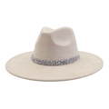 Detail of the sparkling rhinestone band on a wide brim felt fedora hat in beige - 58 / Beige