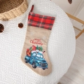 Burlap Christmas stocking with red buffalo plaid cuff and blue vintage truck pattern - Blue Truck Gnome Style