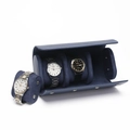 Blue PU leather cylindrical watch travel case with three slots and padded cushions - 3 Slots Cross Pattern Blue
