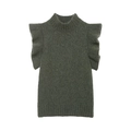 Sleeveless dark grey-green knit top with high neck and ruffle shoulder details on plain background - S / Green