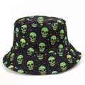 Reversible skull print bucket hat in black with green neon patterns for hip hop style - Green Skull