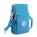 Crossbody blue nylon cell phone bag with three zippered compartments and adjustable strap - Sky Blue